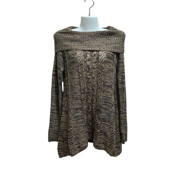 Boho Knit Sweaters (2) S/M Dark Green/Tan/Black Cowl Neck Foldover Cozy Cottage - Picture 8 of 12